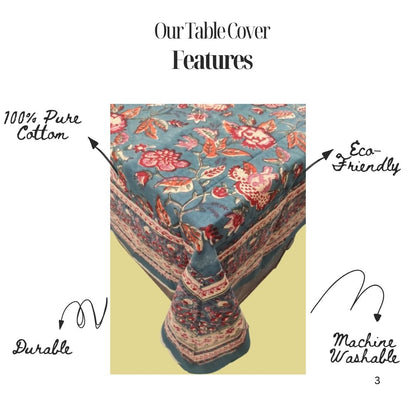 Teal & Red Hand Block Printed Cotton Table Cover – Meadow Bloom | Artisanal Wholesale Table Covers