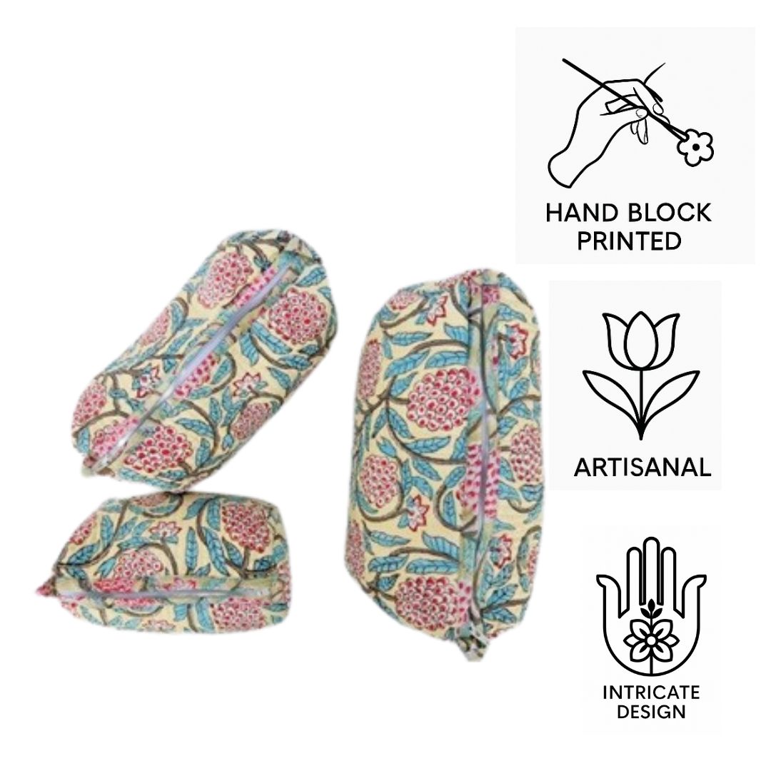 Hand Block Printed Quilted Cotton Toiletry Bag Set of 3 – Pomegranate Bloom | Eco-Friendly Travel Organizer