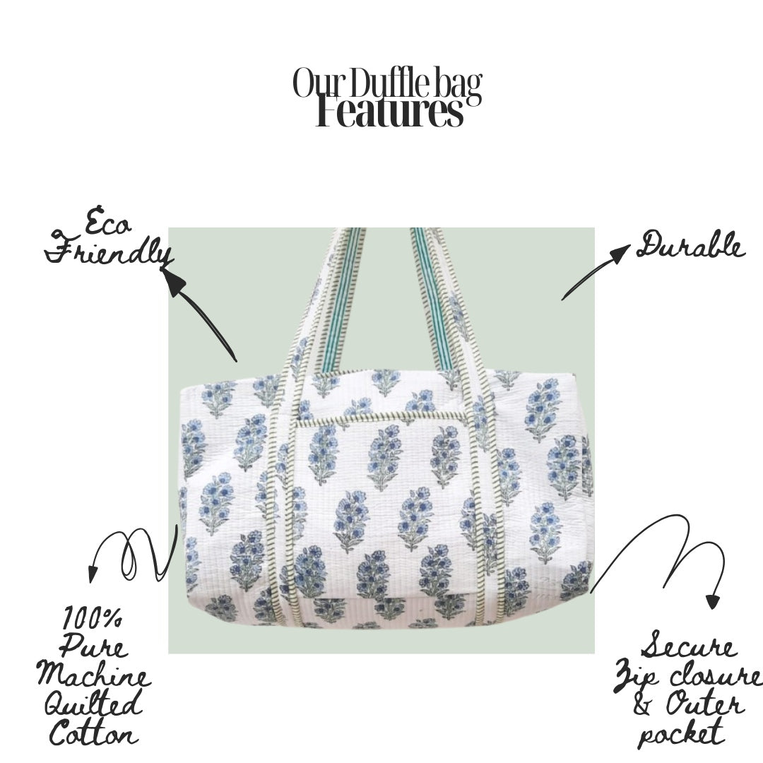Hand Block Printed Quilted Cotton Duffle Bag – Indigo Blossom | Sustainable Travel Bag