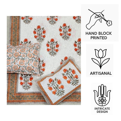 Soft Hand Block Printed Pure Cotton Bedsheet – Big Orange Floral Motif Design