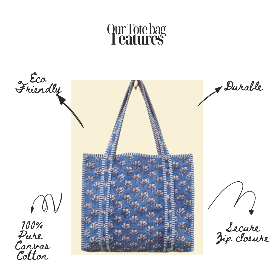 Hand Block Printed Quilted Cotton Tote Bag | Indigo Bloom Heritage Bag  | Eco friendly Machine Washable Tote bag