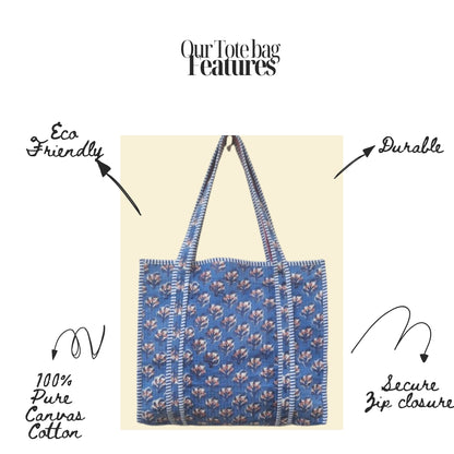 Hand Block Printed Quilted Cotton Tote Bag | Indigo Bloom Heritage Bag  | Eco friendly Machine Washable Tote bag