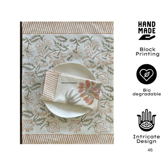 Premium Hand Block Printed Cotton Canvas Table Mats | Terracotta & Sage Floral Elegance