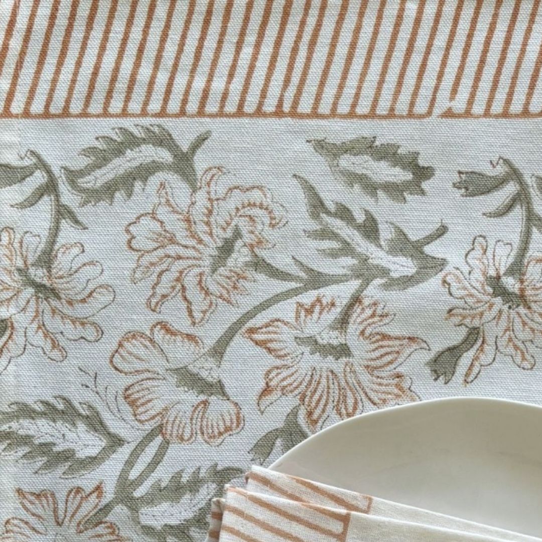 Premium Hand Block Printed Cotton Canvas Table Mats | Terracotta & Sage Floral Elegance