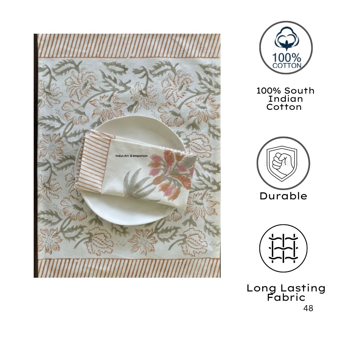 Premium Hand Block Printed Cotton Canvas Table Mats | Terracotta & Sage Floral Elegance