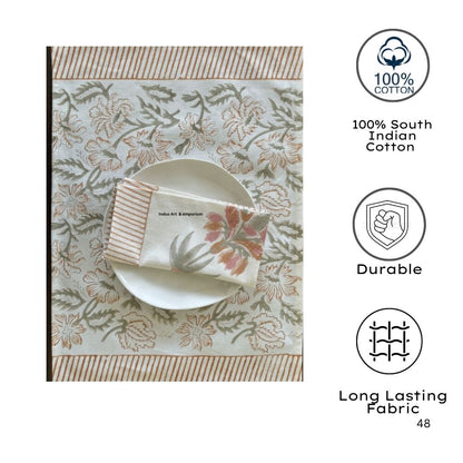 Premium Hand Block Printed Cotton Canvas Table Mats | Terracotta & Sage Floral Elegance
