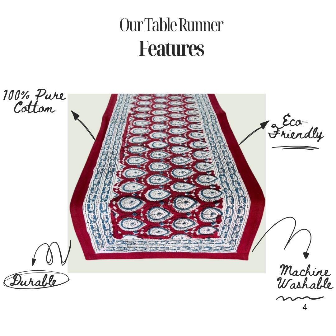 Indian Hand Block Printed Canvas Table Runner| Madder Red & Indigo Floral Design