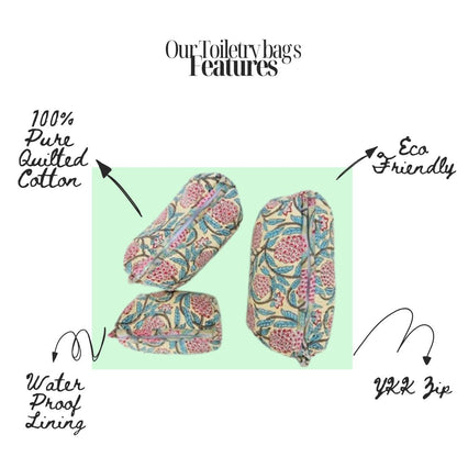 Hand Block Printed Quilted Cotton Toiletry Bag Set of 3 – Pomegranate Bloom | Eco-Friendly Travel Organizer