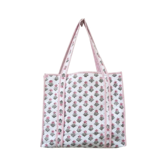 Hand Block Printed Quilted Cotton Tote Bag | Pink Blossom Heritage Bag