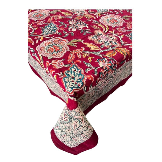 Hand Block Printed Cotton Table Cover – Crimson Garden | Artisanal & Eco-Friendly