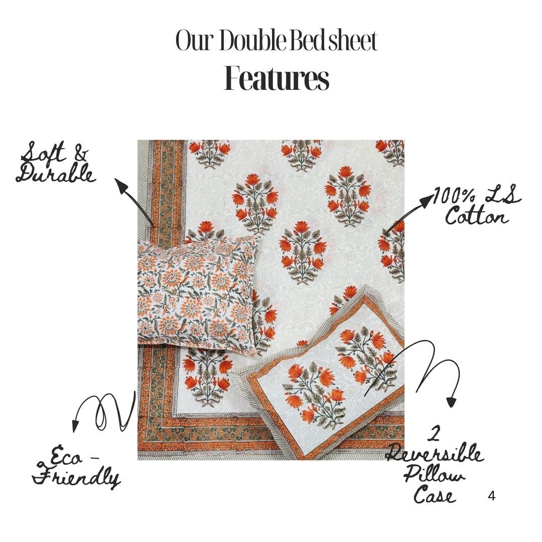 Soft Hand Block Printed Pure Cotton Bedsheet – Big Orange Floral Motif Design