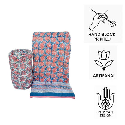 Coral Blossom Serenity Jaipur Hand Block Printed Cotton Reversible Quilt –  | Eco Friendly & Hand Quilted