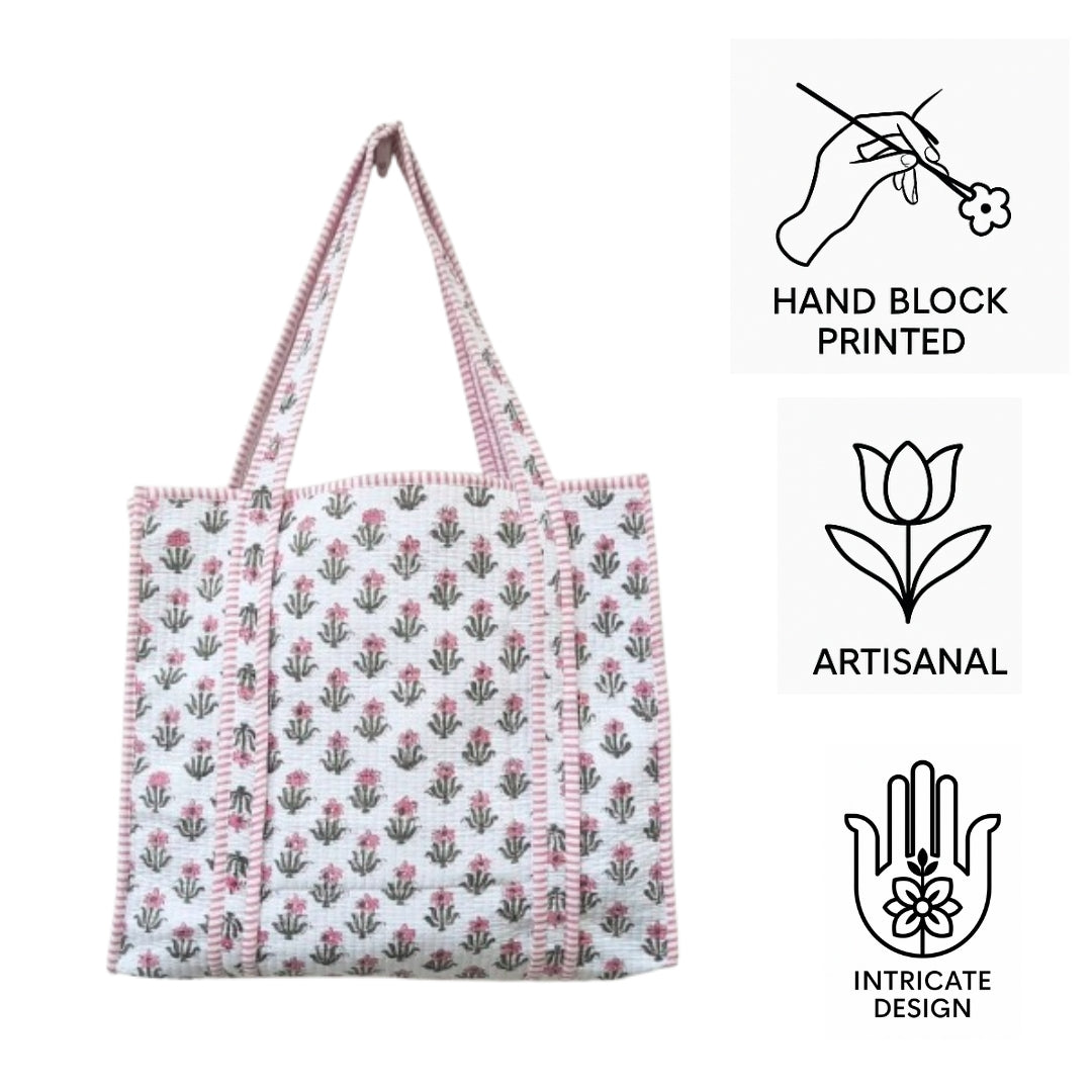 Hand Block Printed Quilted Cotton Tote Bag | Pink Blossom Heritage Bag