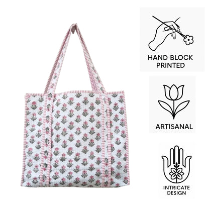 Hand Block Printed Quilted Cotton Tote Bag | Pink Blossom Heritage Bag