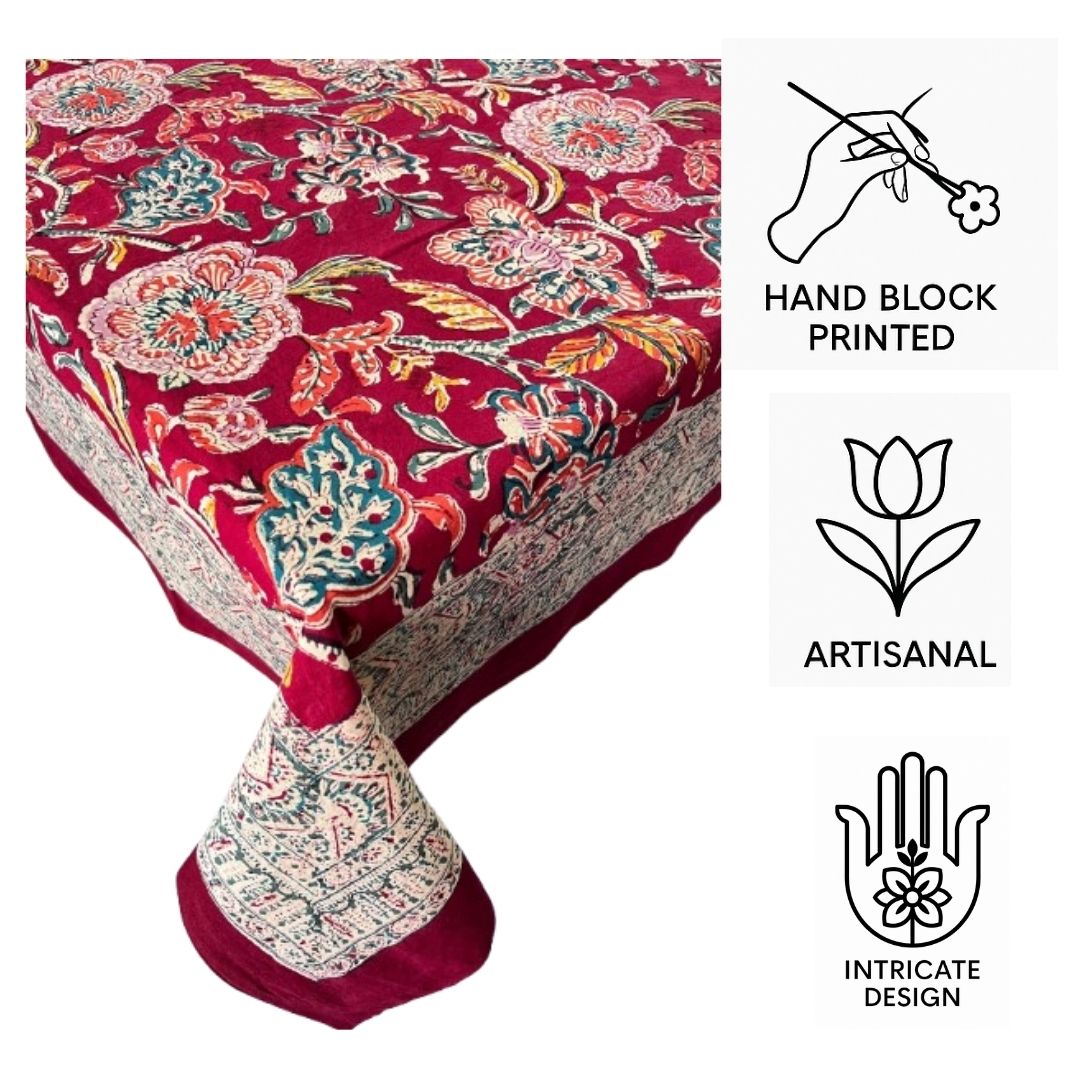 Hand Block Printed Cotton Table Cover – Crimson Garden | Artisanal & Eco-Friendly