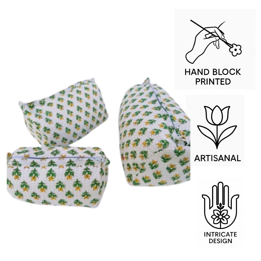 Hand Block Printed Quilted Cotton Toiletry Bag Set of 3 – Marigold Meadow | Eco-Friendly Travel Organizer
