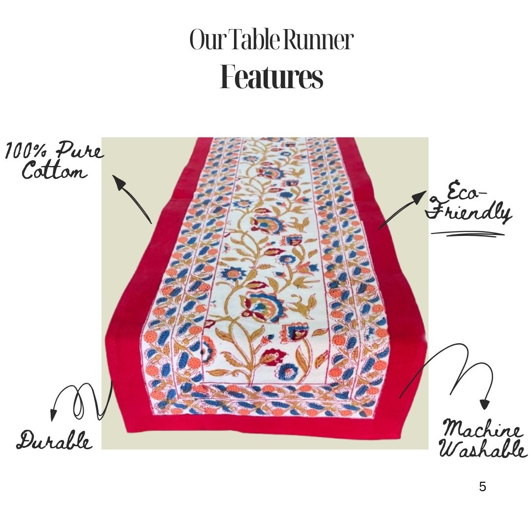 Artisanal Hand Block Printed Cotton Table Runner – Jaipur Blossom Trail | Eco- Friendly