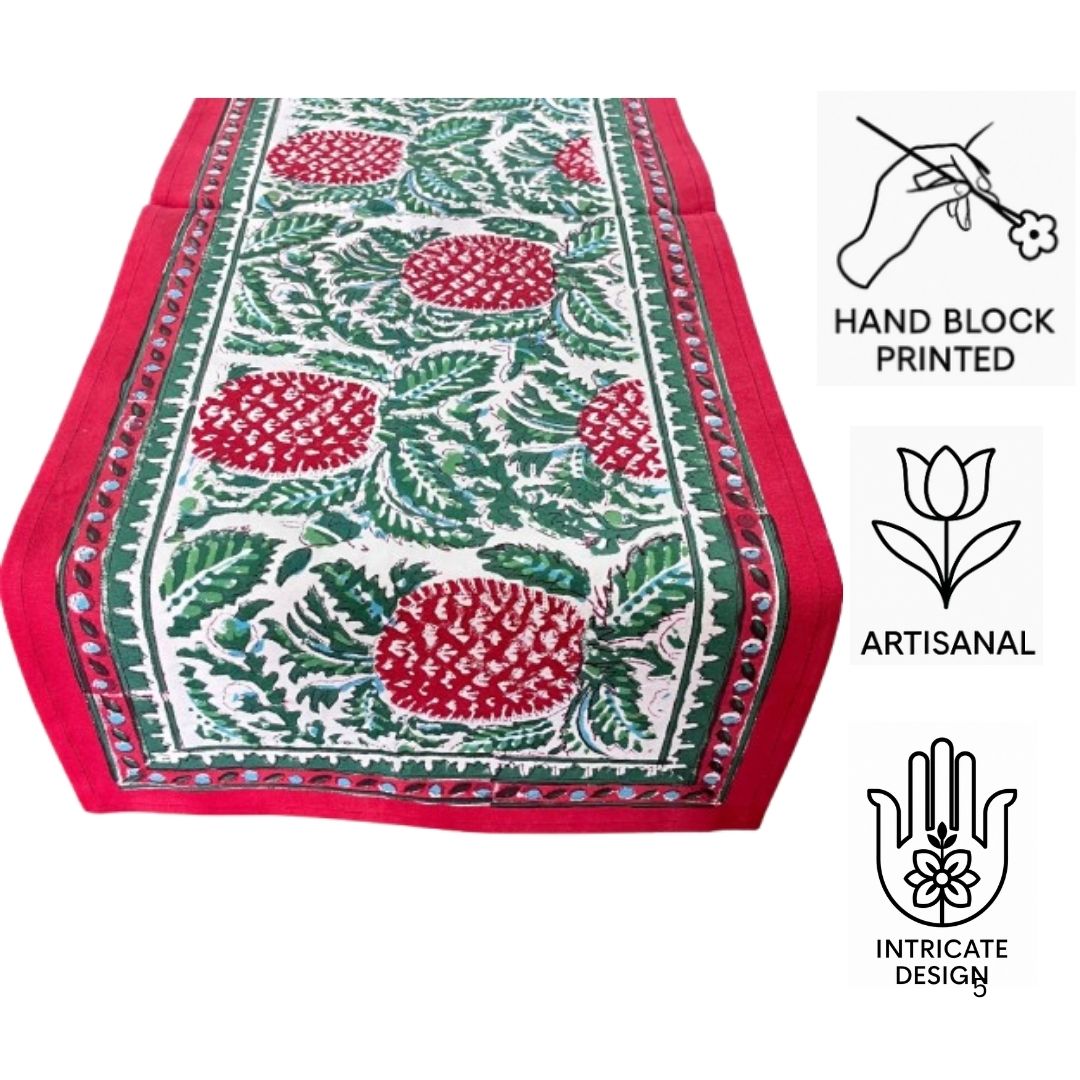 Jaipur Hand Block Printed Cotton Table Linen – Crimson Pine Bloom | Eco- Conscious