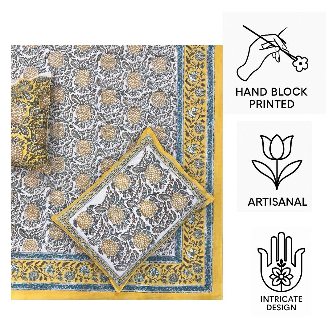 Hand Block Printed Cotton Bedsheet – Pineapple Bloom | Eco-Friendly Artisanal Craft