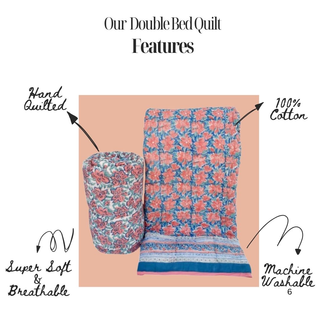 Coral Blossom Serenity Jaipur Hand Block Printed Cotton Reversible Quilt –  | Eco Friendly & Hand Quilted