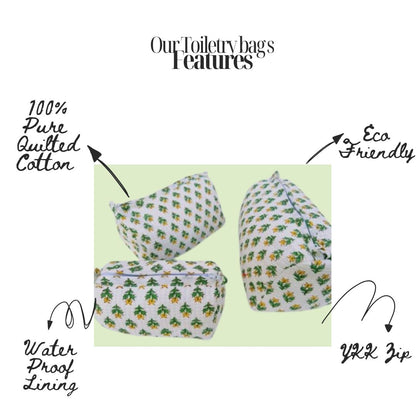 Hand Block Printed Quilted Cotton Toiletry Bag Set of 3 – Marigold Meadow | Eco-Friendly Travel Organizer