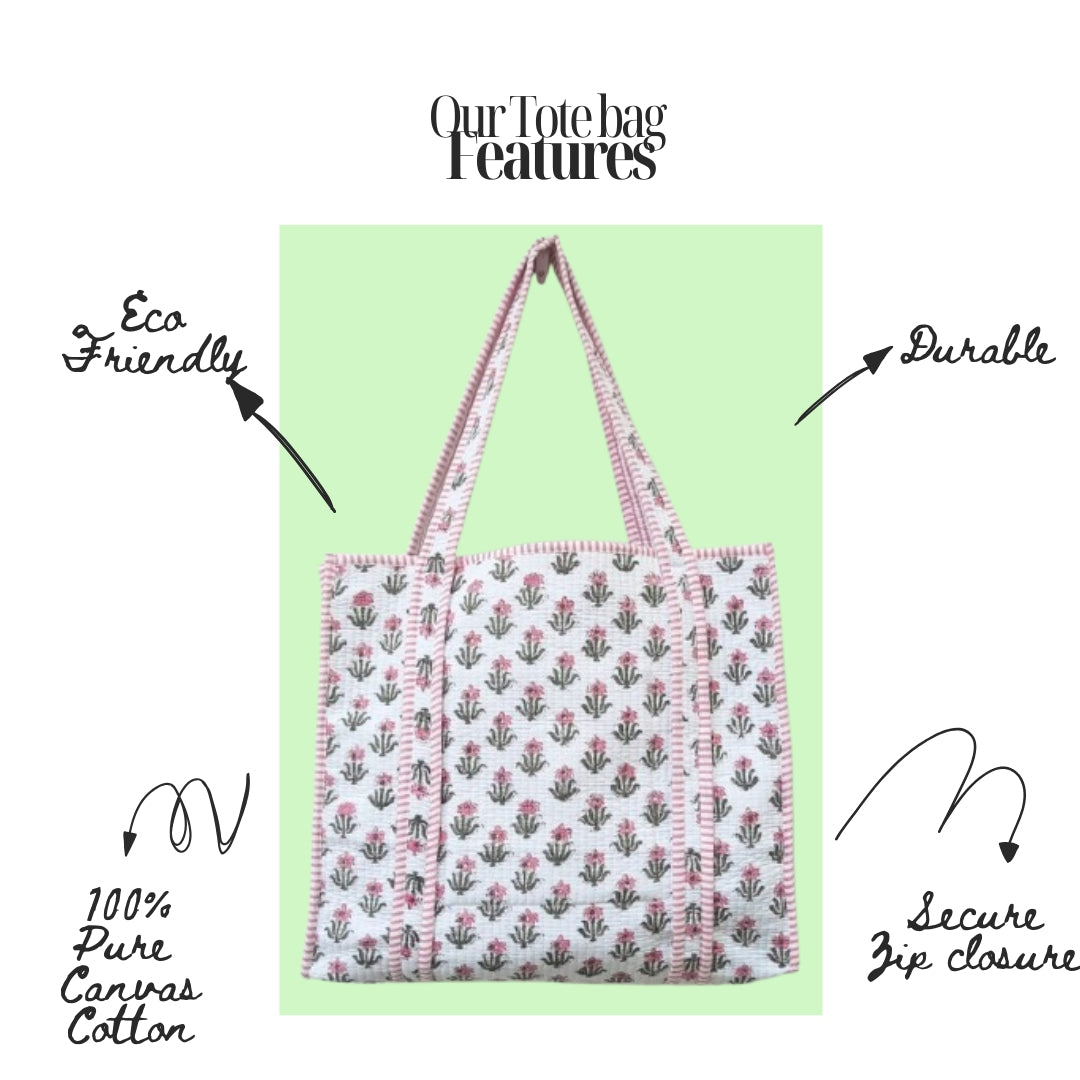 Hand Block Printed Quilted Cotton Tote Bag | Pink Blossom Heritage Bag