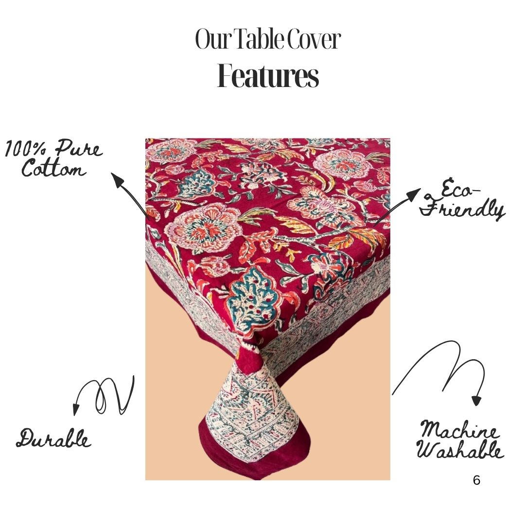 Hand Block Printed Cotton Table Cover – Crimson Garden | Artisanal & Eco-Friendly
