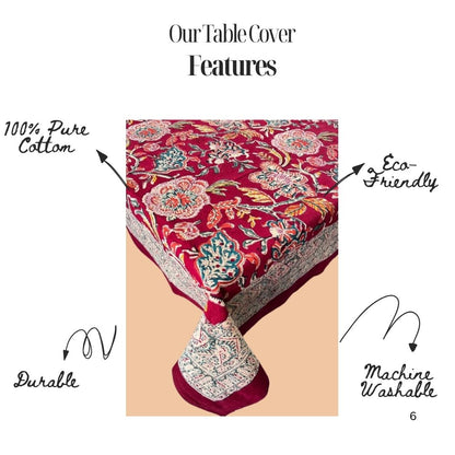 Hand Block Printed Cotton Table Cover – Crimson Garden | Artisanal & Eco-Friendly