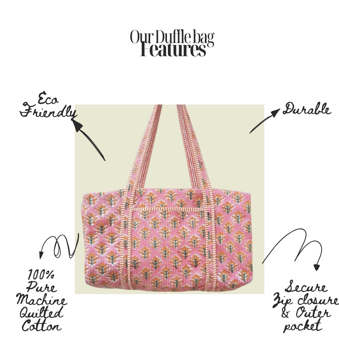Hand Block Printed Quilted Cotton Duffle Bag – Pink Blossom Heritage | Sustainable Travel Bag