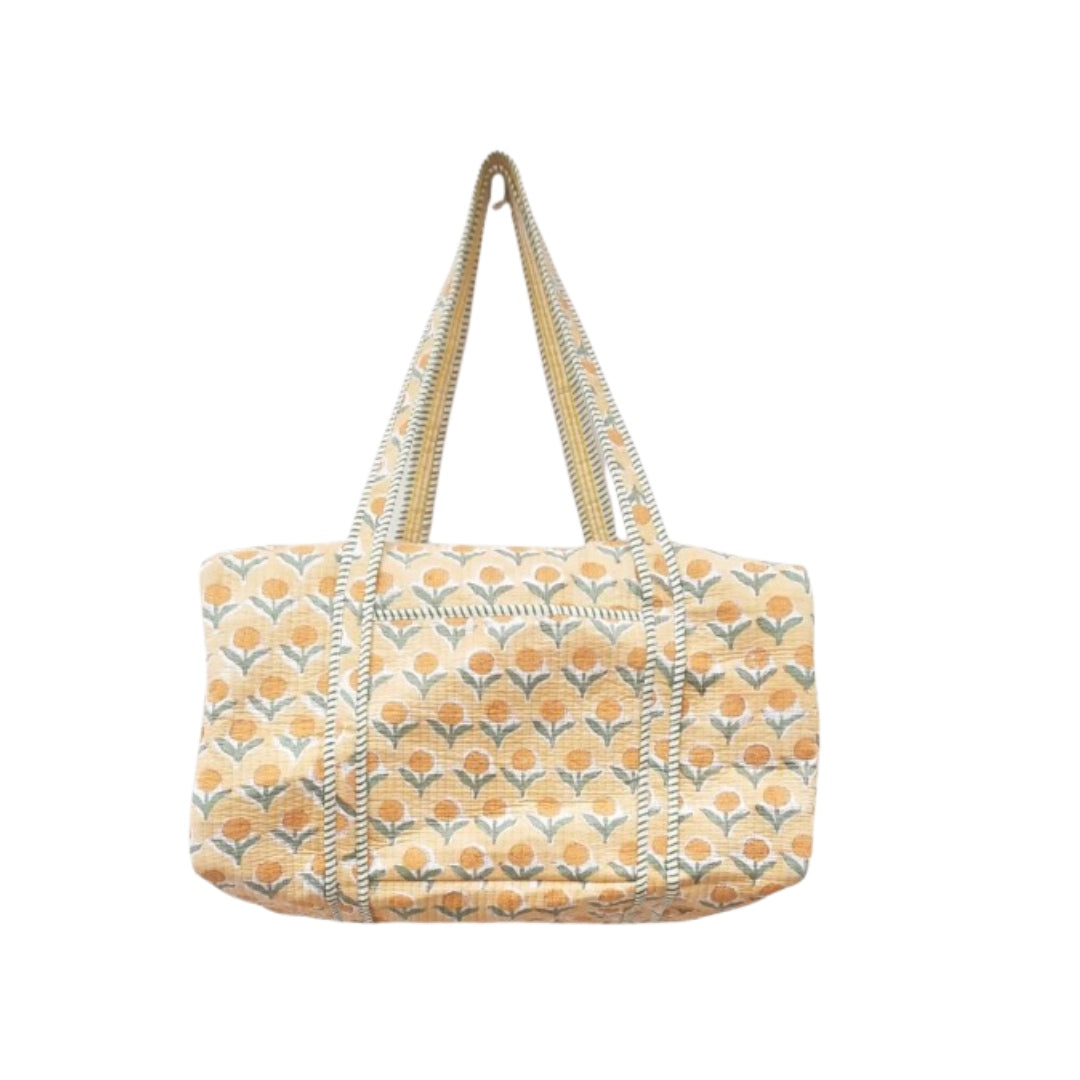 Hand Block Printed Quilted Cotton Duffle Bag – Marigold Meadow | Sustainable Travel Bag