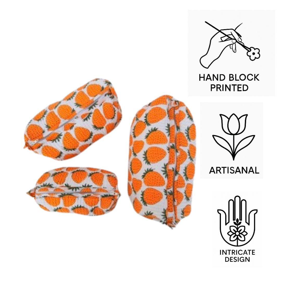 Hand Block Printed Quilted Cotton Toiletry Bag Set of 3 – Pineapple Grove | Eco-Friendly Travel Organizer