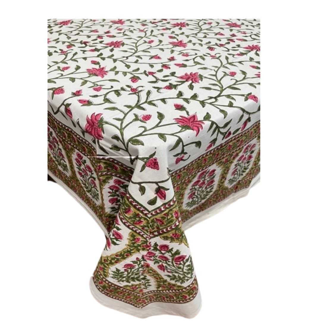 Rosette Vine Charm Hand Block Printed Cotton Table Cover |  Sustainable Dining Linen