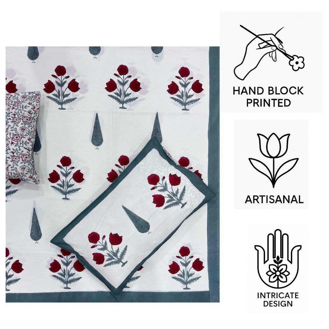 Hand Block Printed Pure Cotton Bedsheet – Crimson Rose Charm | Sustainable