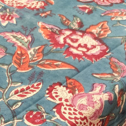 Teal & Red Hand Block Printed Cotton Table Cover – Meadow Bloom | Artisanal Wholesale Table Covers