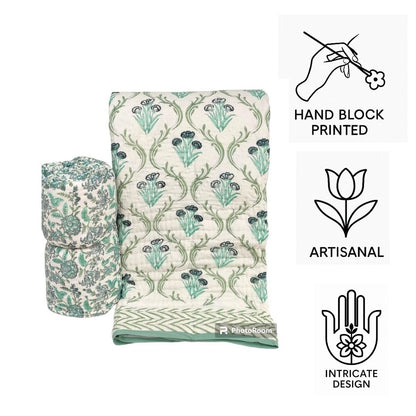 Mint Meadow Charm  Jaipur Hand Block Printed Cotton Reversible Quilt |  Hand Quilted