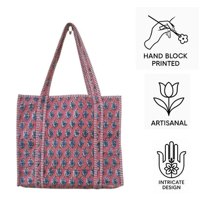 Hand Block Printed Quilted Cotton Tote Bag | Indigo Bloom on Coral Canvas