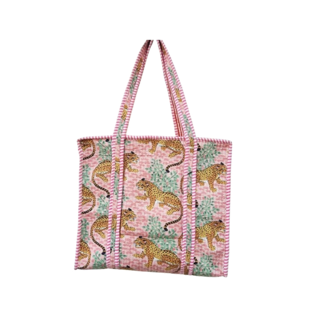 Hand Block Printed Quilted Cotton Tote Bag | Panthera Pink Heritage Bag