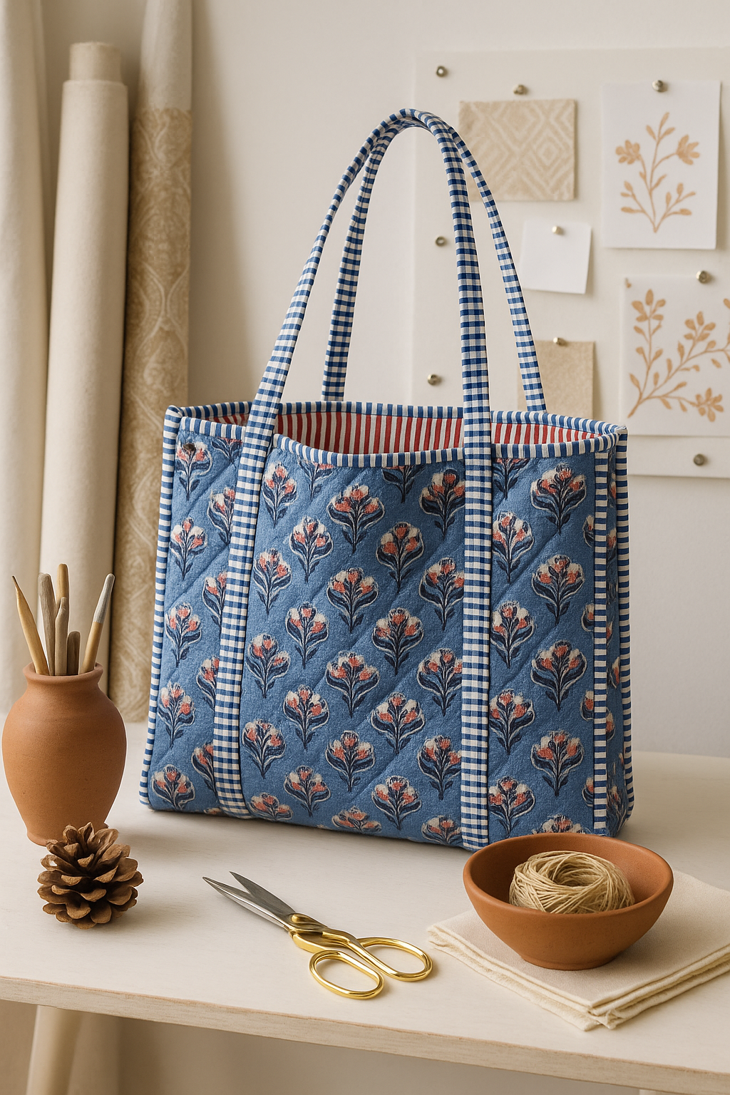 Hand Block Printed Quilted Cotton Tote Bag | Indigo Bloom Heritage Bag  | Eco friendly Machine Washable Tote bag