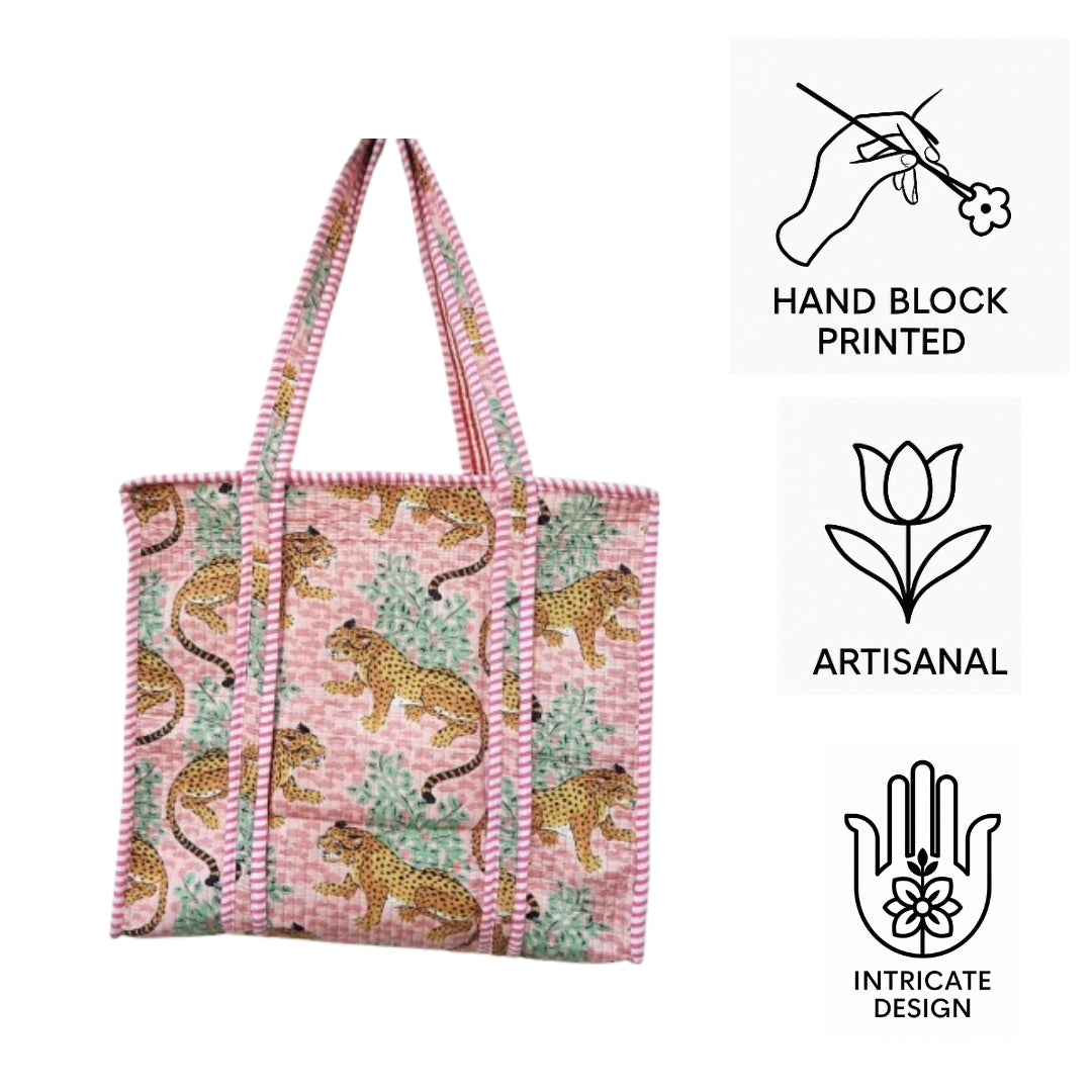 Hand Block Printed Quilted Cotton Tote Bag | Panthera Pink Heritage Bag