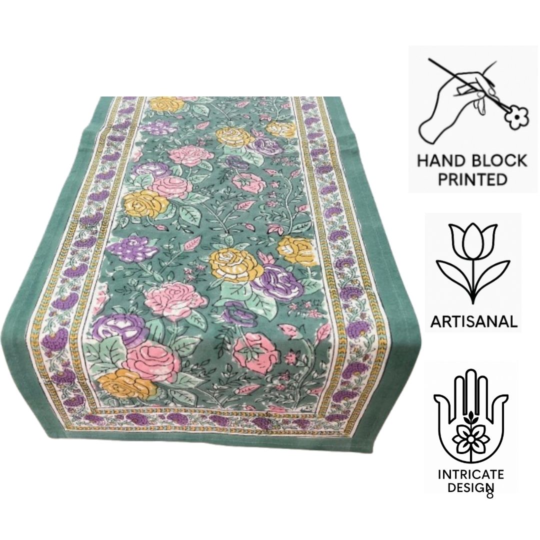 Hand Block Printed Cotton Table Runner – Floral Meadow | Sustainable Dining Linen