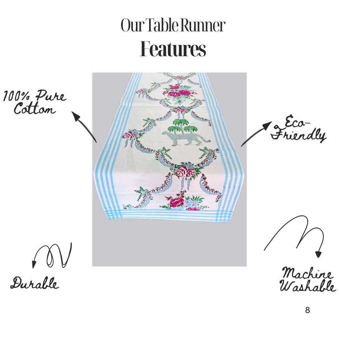 Artisanal Hand Block Printed Cotton Table Runner – Safari Garden | Sustainable