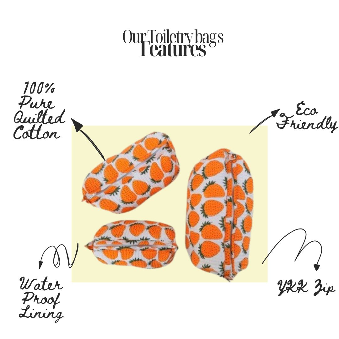 Hand Block Printed Quilted Cotton Toiletry Bag Set of 3 – Pineapple Grove | Eco-Friendly Travel Organizer