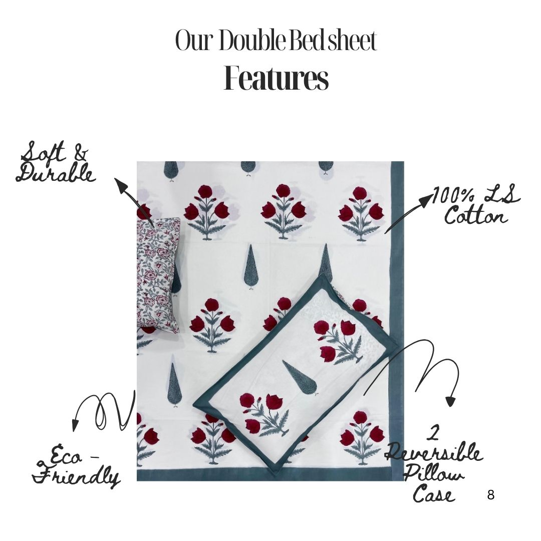 Hand Block Printed Pure Cotton Bedsheet – Crimson Rose Charm | Sustainable
