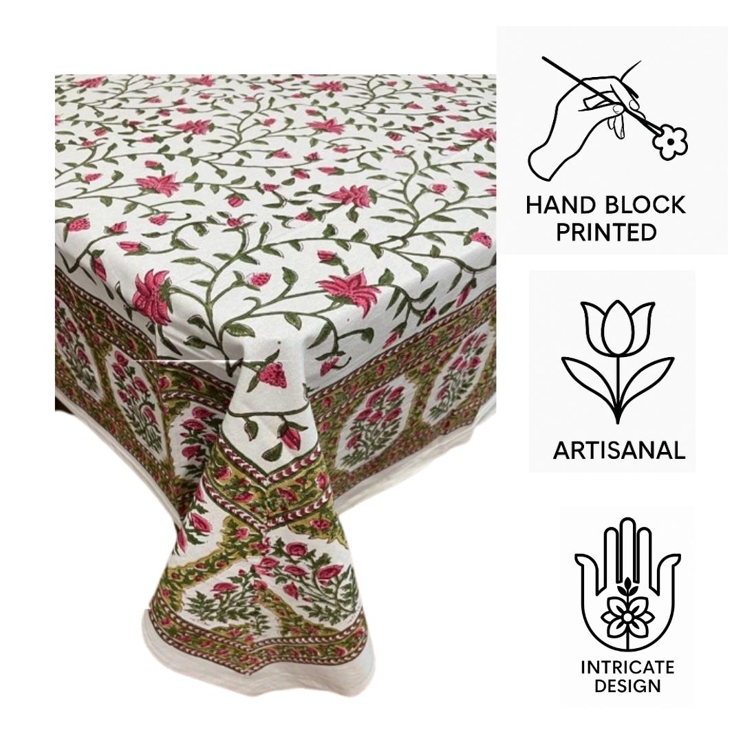 Rosette Vine Charm Hand Block Printed Cotton Table Cover |  Sustainable Dining Linen