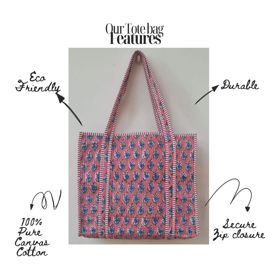 Hand Block Printed Quilted Cotton Tote Bag | Indigo Bloom on Coral Canvas