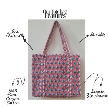 Hand Block Printed Quilted Cotton Tote Bag | Indigo Bloom on Coral Canvas