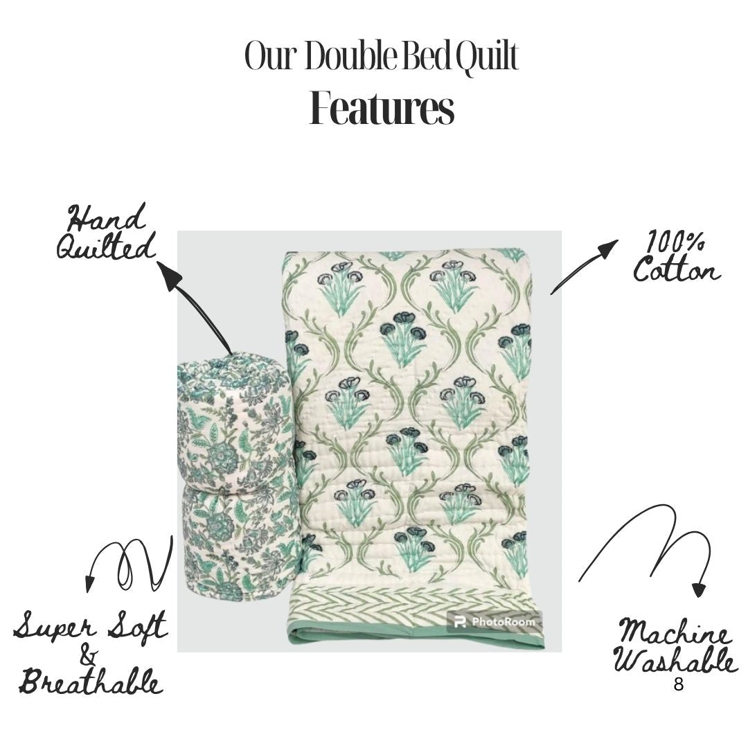 Mint Meadow Charm  Jaipur Hand Block Printed Cotton Reversible Quilt |  Hand Quilted
