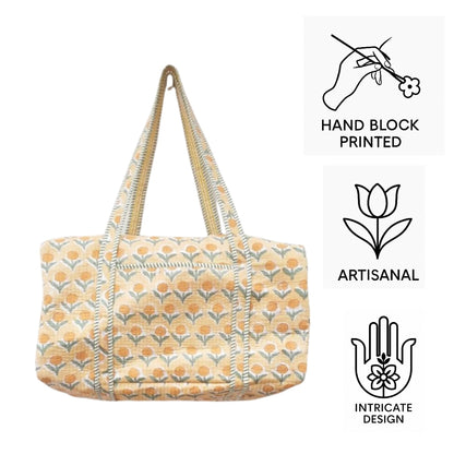 Hand Block Printed Quilted Cotton Duffle Bag – Marigold Meadow | Sustainable Travel Bag