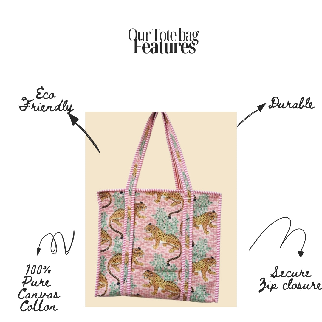 Hand Block Printed Quilted Cotton Tote Bag | Panthera Pink Heritage Bag