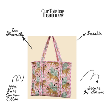 Hand Block Printed Quilted Cotton Tote Bag | Panthera Pink Heritage Bag
